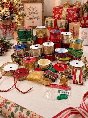 Holiday Christmas Ribbon Red Green Gold Wired Rope Gift Crafters Bulk Assortment